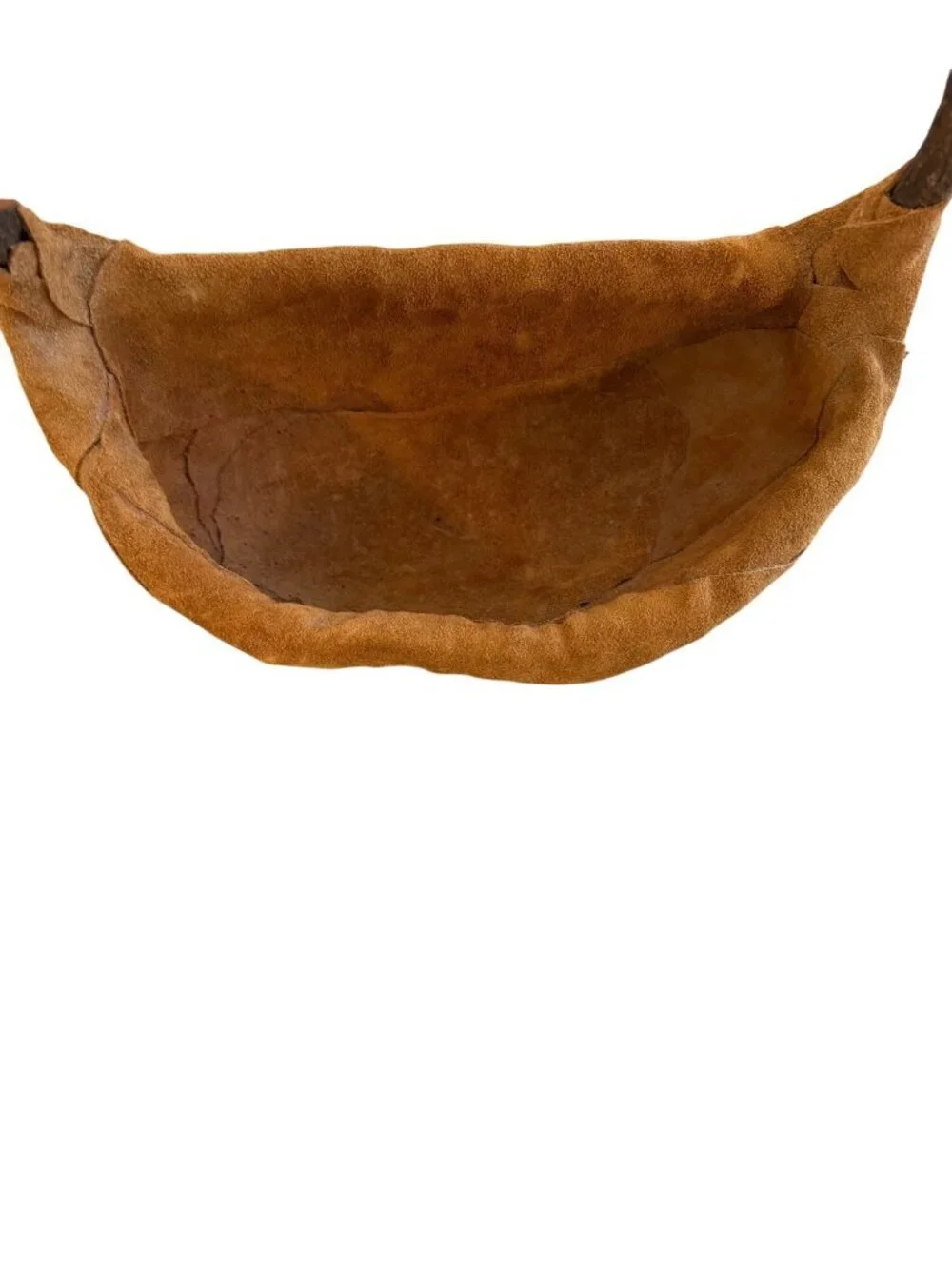 Vintage Handmade Bent Wood Suede Covered Wall Basket Brown Hobo Artist Signed